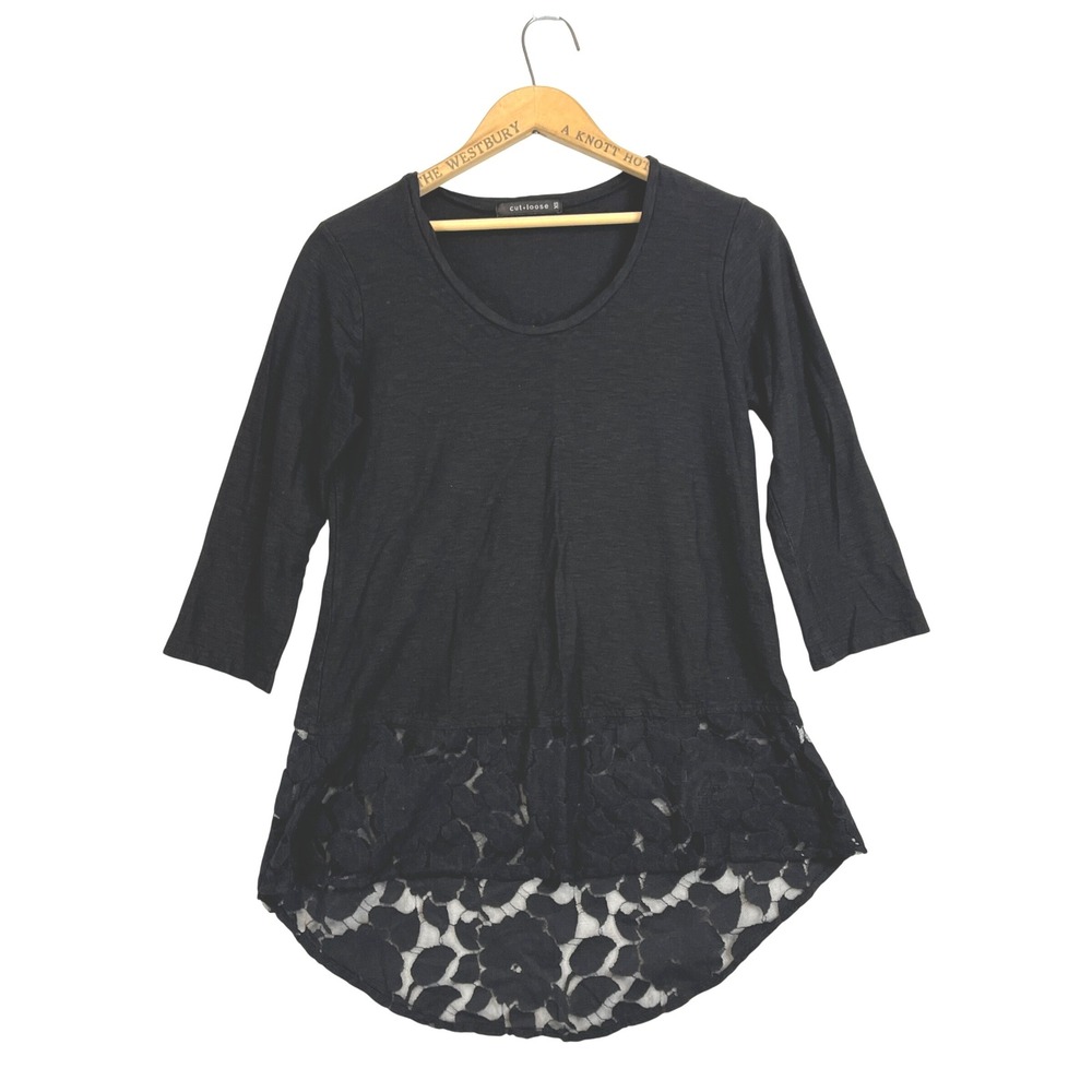 Cut-Loose Black Tunic Top XS 3/4‎ Sleeve Lace Hem Cotton Blend Casual
